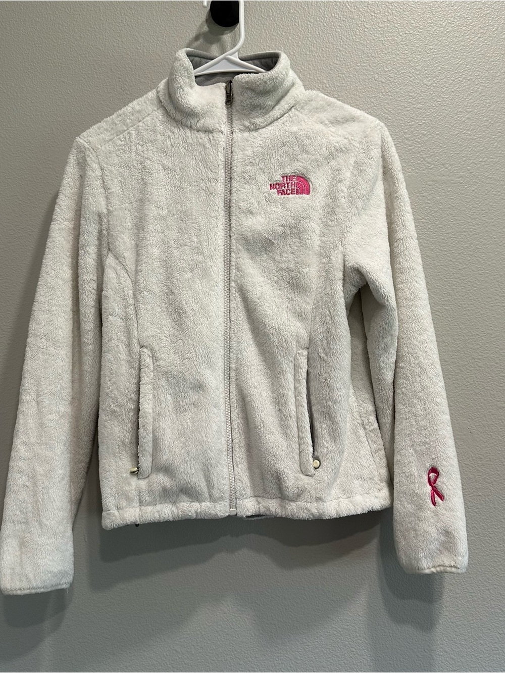 The North Face Osito white Fleece Jacket with Pink ribbon,breast cancer,XS